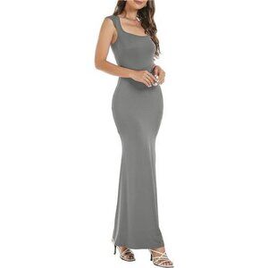 Womens Square Neck Elegant Long Dress Grey
